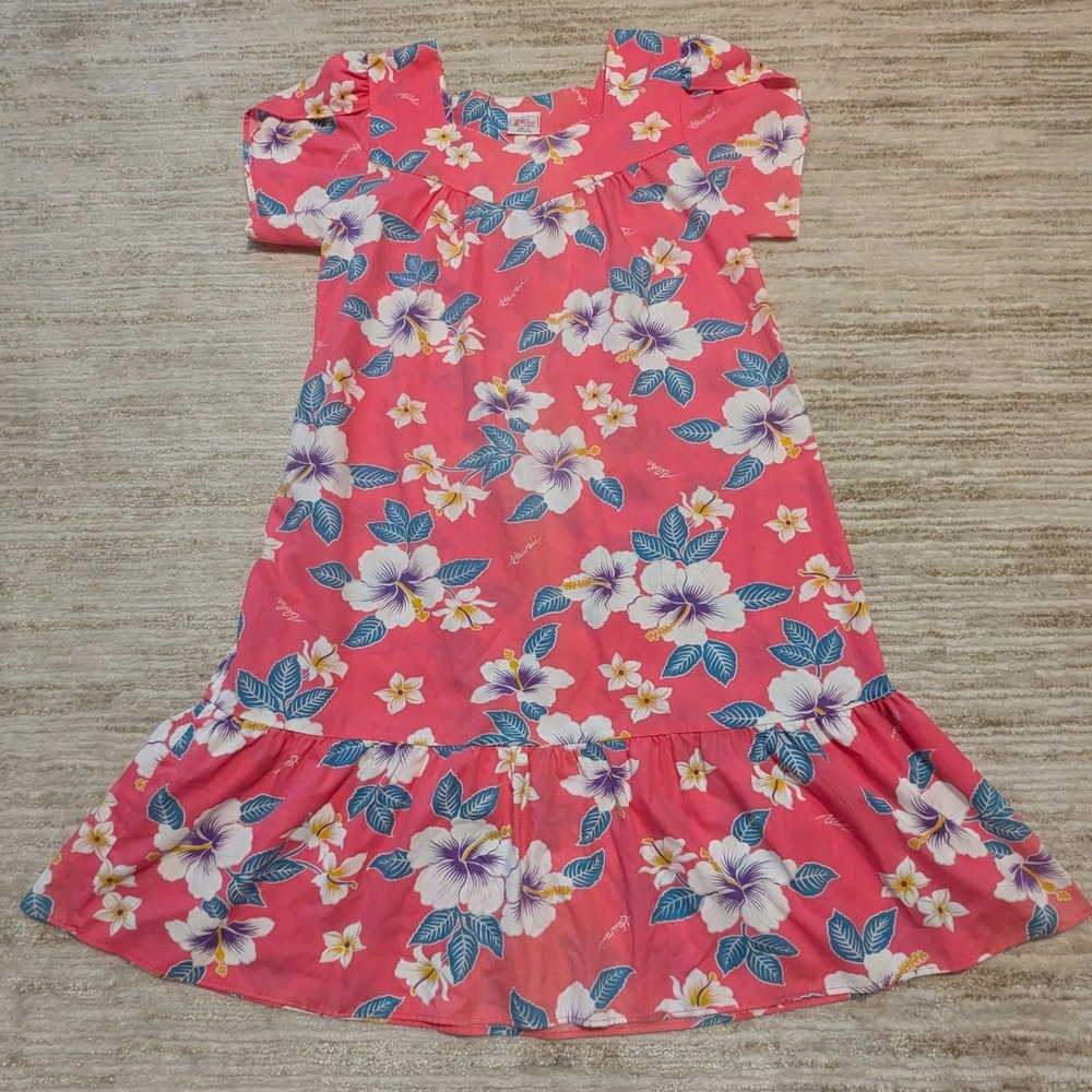 Kalena Fashions Muumuu Dress Sz XL Pink Hibiscus Floral Cotton Hawaii Lounger